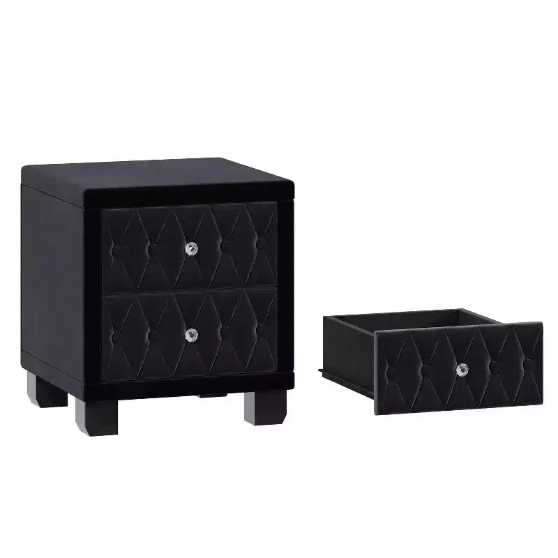 Elegante mesa de noche de terciopelo con 2 cajones y tiradores de cristal, mesa auxiliar de almacenamiento con capitoné de botones