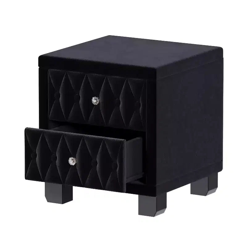 Elegante mesa de noche de terciopelo con 2 cajones y tiradores de cristal, mesa auxiliar de almacenamiento con capitoné de botones