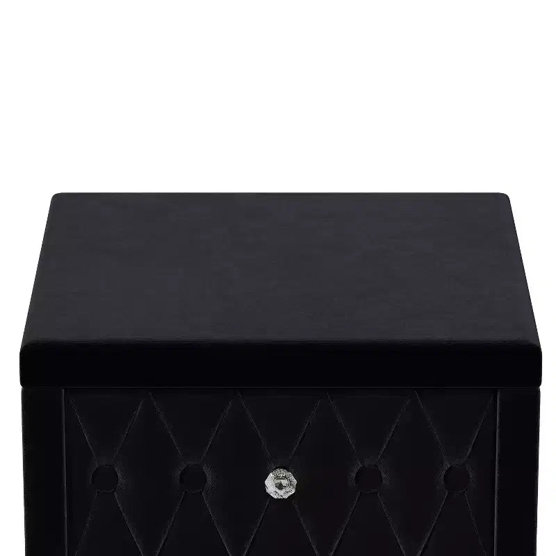 Elegante mesa de noche de terciopelo con 2 cajones y tiradores de cristal, mesa auxiliar de almacenamiento con capitoné de botones