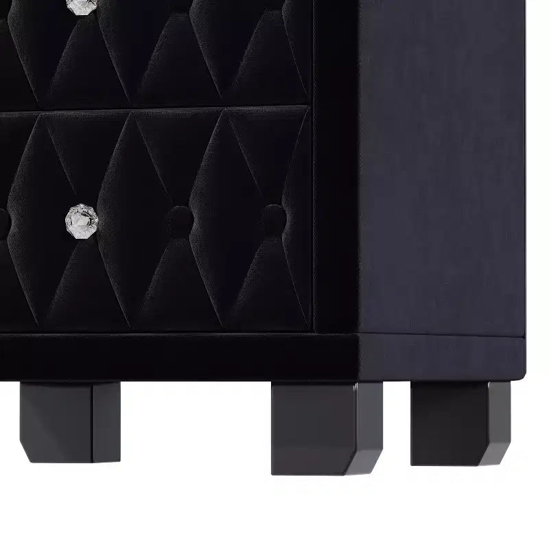 Elegante mesa de noche de terciopelo con 2 cajones y tiradores de cristal, mesa auxiliar de almacenamiento con capitoné de botones