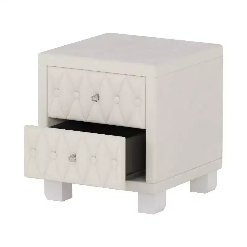 Elegante mesa de noche de terciopelo con 2 cajones y tiradores de cristal, mesa auxiliar de almacenamiento con capitoné de botones