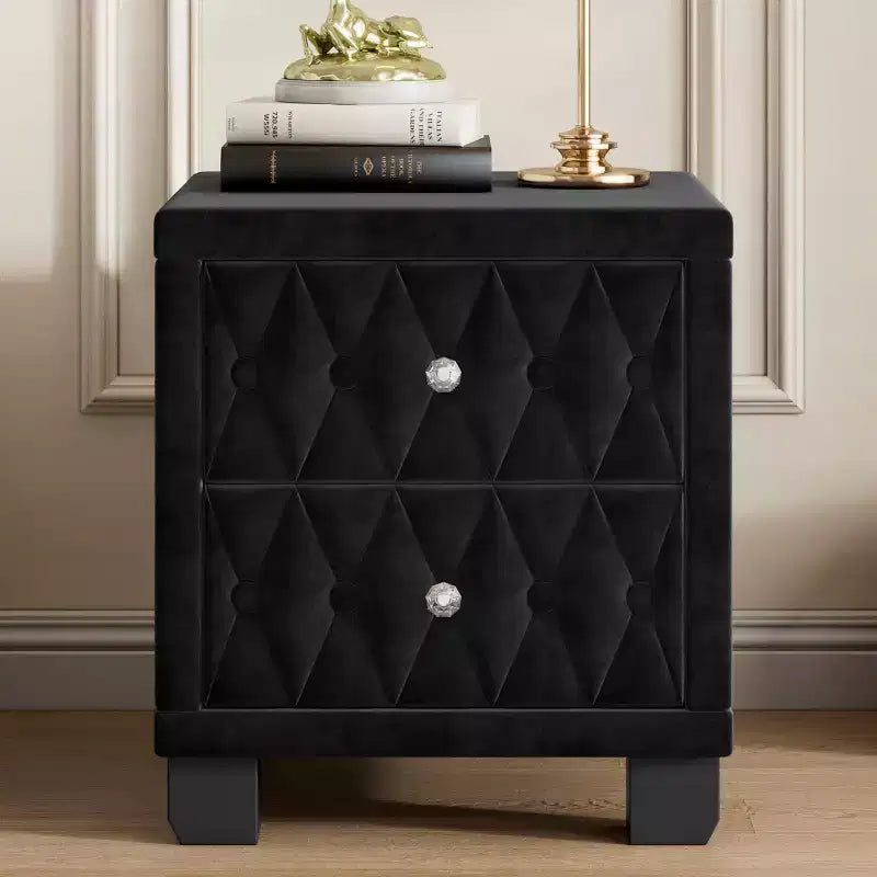 Élégante table de chevet en velours avec 2 tiroirs et poignée en cristal, avec capitonnage à boutons