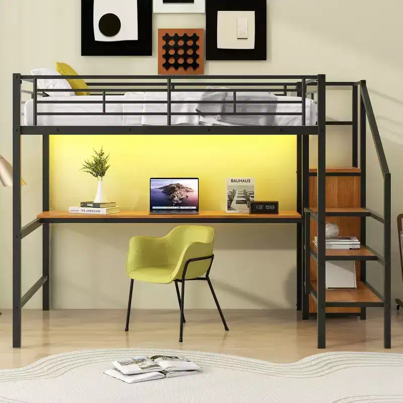 Lit mezzanine en métal format complet de 94.1'' avec bureau, escalier de rangement et petite armoire