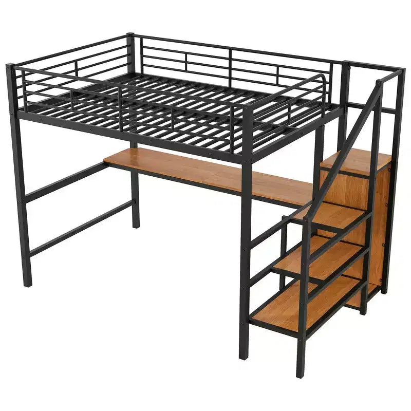 Lit mezzanine en métal format complet de 94.1'' avec bureau, escalier de rangement et petite armoire