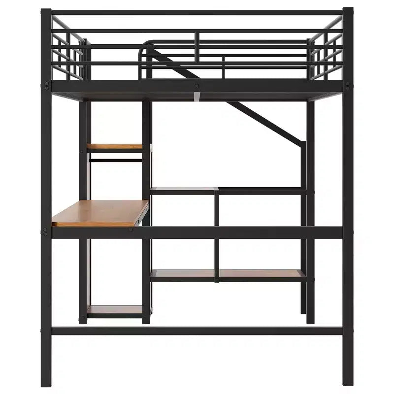 Lit mezzanine en métal format complet de 94.1'' avec bureau, escalier de rangement et petite armoire