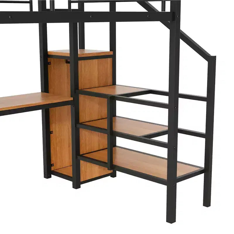 Lit mezzanine en métal format complet de 94.1'' avec bureau, escalier de rangement et petite armoire