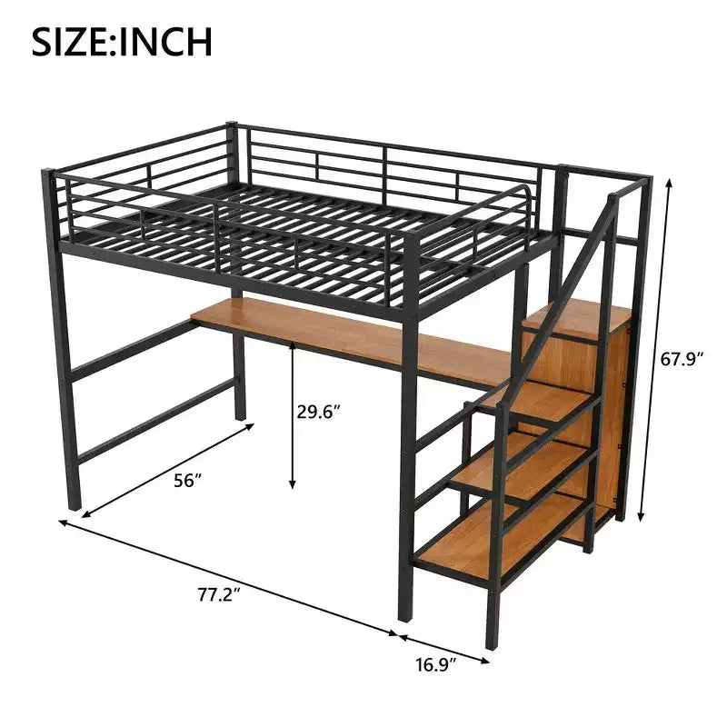 Lit mezzanine en métal format complet de 94.1'' avec bureau, escalier de rangement et petite armoire
