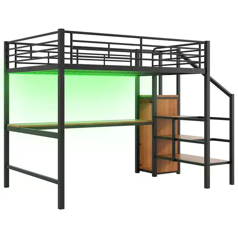 Lit mezzanine en métal format complet de 94.1'' avec bureau, escalier de rangement et petite armoire