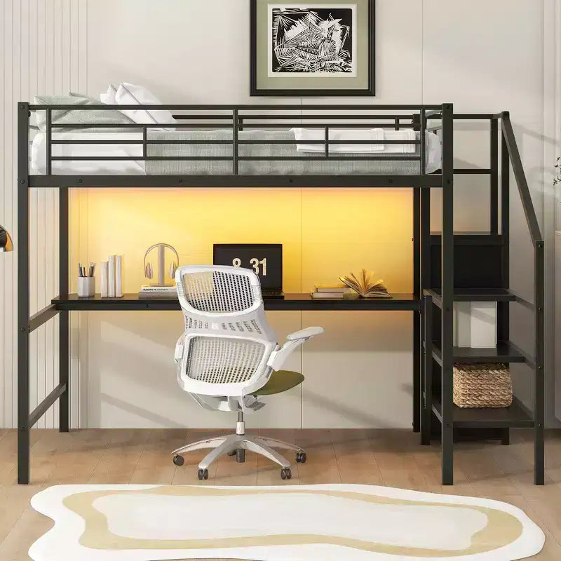 Lit mezzanine en métal format complet de 94.1'' avec bureau, escalier de rangement et petite armoire