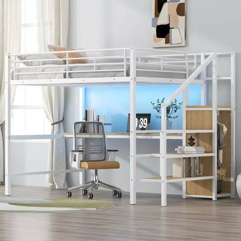 Lit mezzanine en métal format complet de 94.1'' avec bureau, escalier de rangement et petite armoire