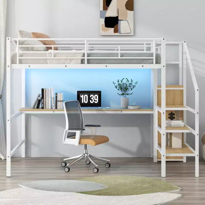 Lit mezzanine en métal format complet de 94.1'' avec bureau, escalier de rangement et petite armoire