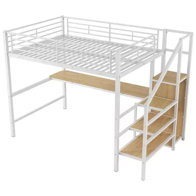 Lit mezzanine en métal format complet de 94.1'' avec bureau, escalier de rangement et petite armoire