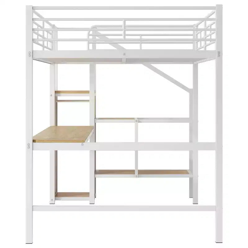 Lit mezzanine en métal format complet de 94.1'' avec bureau, escalier de rangement et petite armoire