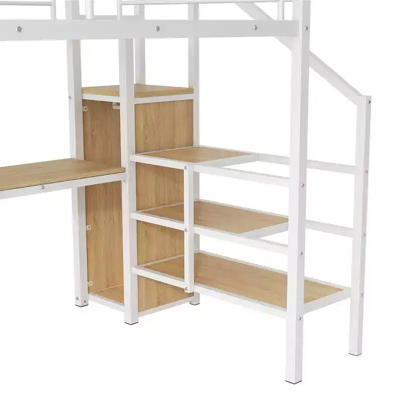 Lit mezzanine en métal format complet de 94.1'' avec bureau, escalier de rangement et petite armoire