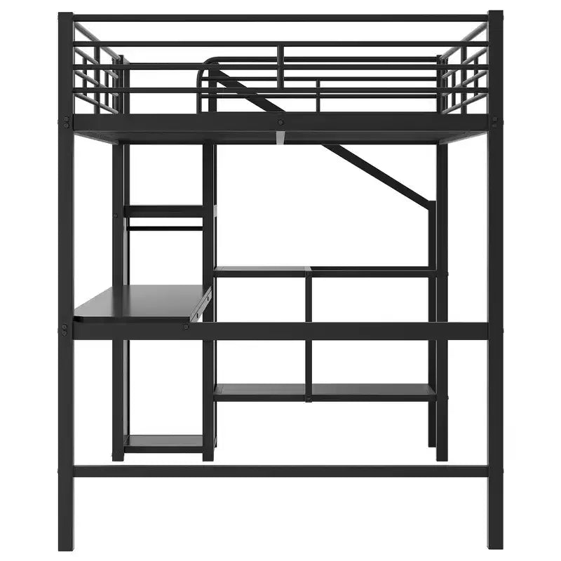 Lit mezzanine en métal format complet de 94.1'' avec bureau, escalier de rangement et petite armoire