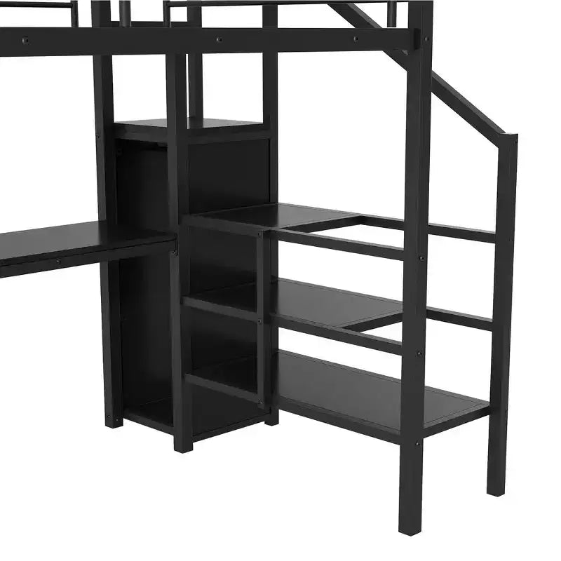 Lit mezzanine en métal format complet de 94.1'' avec bureau, escalier de rangement et petite armoire