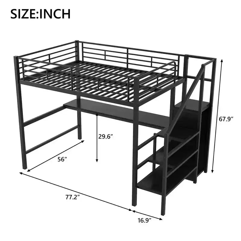 Lit mezzanine en métal format complet de 94.1'' avec bureau, escalier de rangement et petite armoire