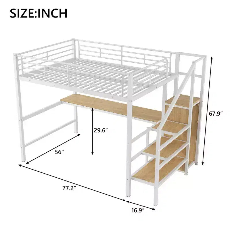 Lit mezzanine en métal format complet de 94.1'' avec bureau, escalier de rangement et petite armoire