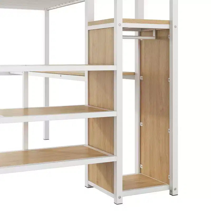 Lit mezzanine en métal format complet de 94.1'' avec bureau, escalier de rangement et petite armoire