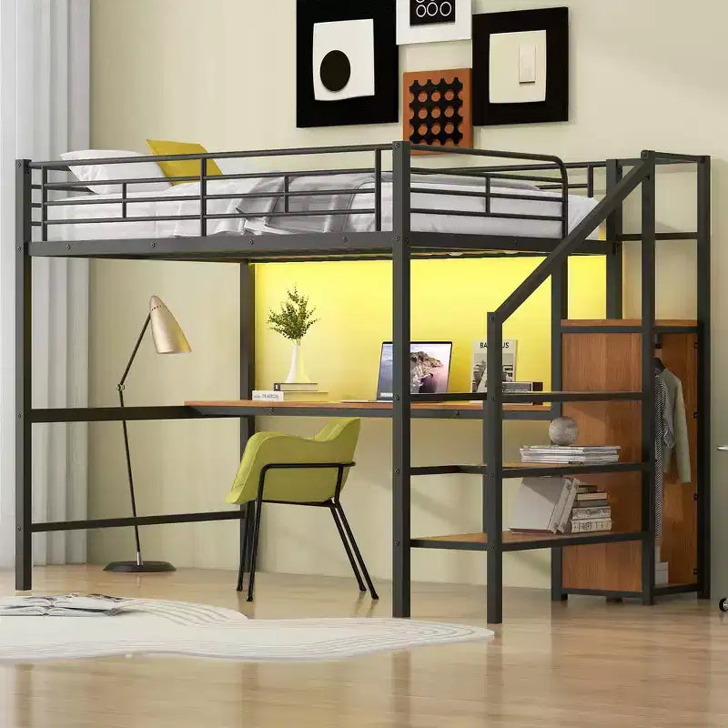 Lit mezzanine en métal format complet de 94.1'' avec bureau, escalier de rangement et petite armoire