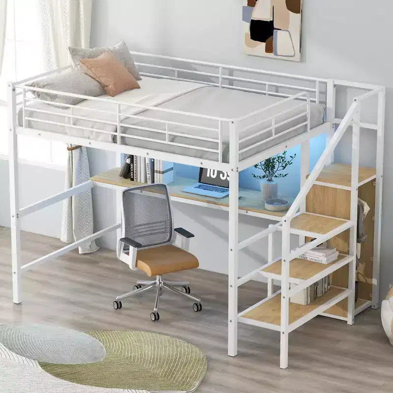 Lit mezzanine en métal format complet de 94.1'' avec bureau, escalier de rangement et petite armoire