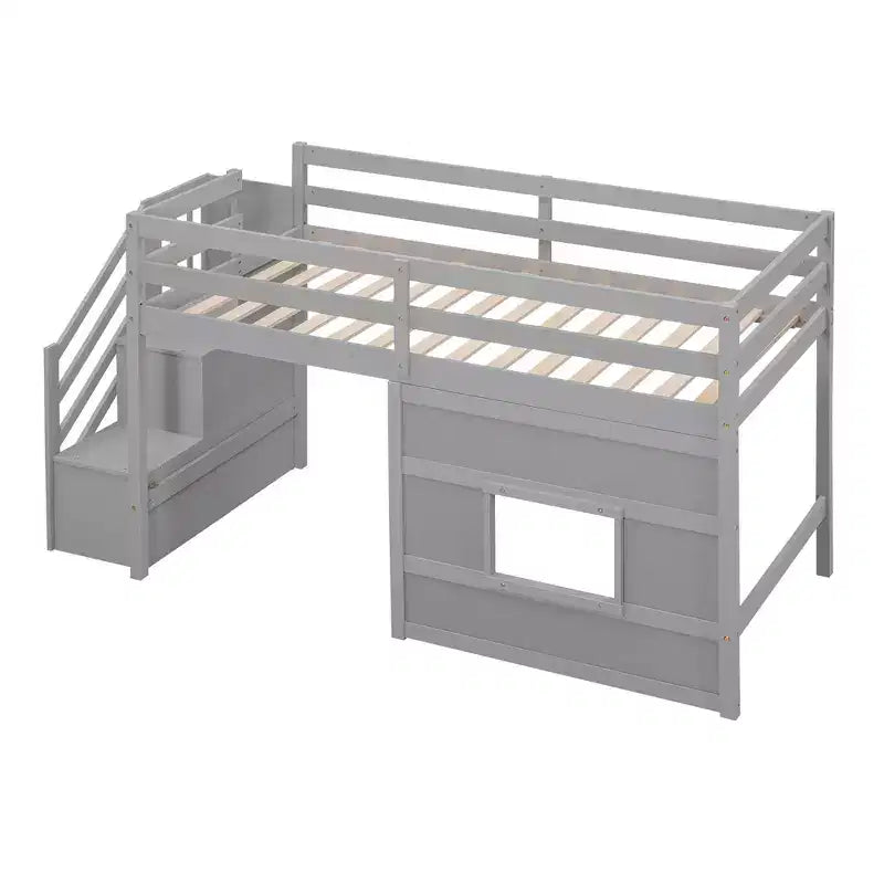 Lit mezzanine en bois format jumeau de 94.8''L x 41.8''W avec escalier de rangement et fenêtre