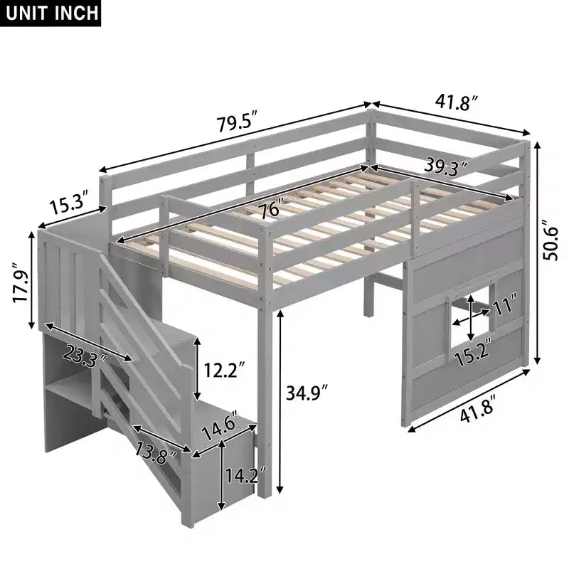 Lit mezzanine en bois format jumeau de 94.8''L x 41.8''W avec escalier de rangement et fenêtre