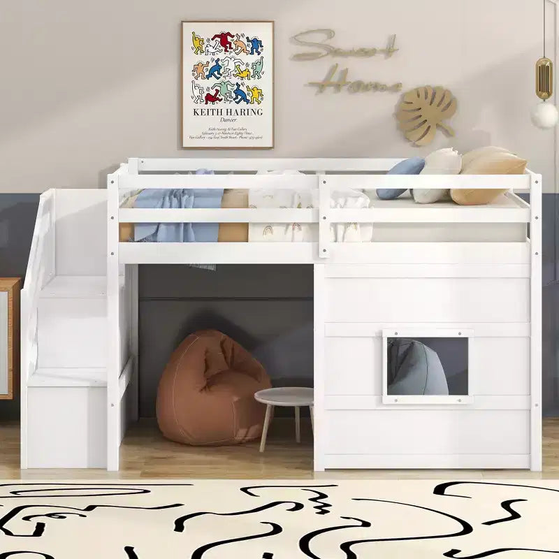 Lit mezzanine en bois format jumeau de 94.8''L x 41.8''W avec escalier de rangement et fenêtre