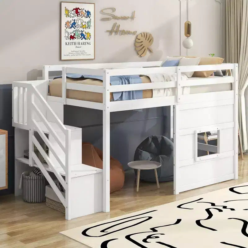 Lit mezzanine en bois format jumeau de 94.8''L x 41.8''W avec escalier de rangement et fenêtre