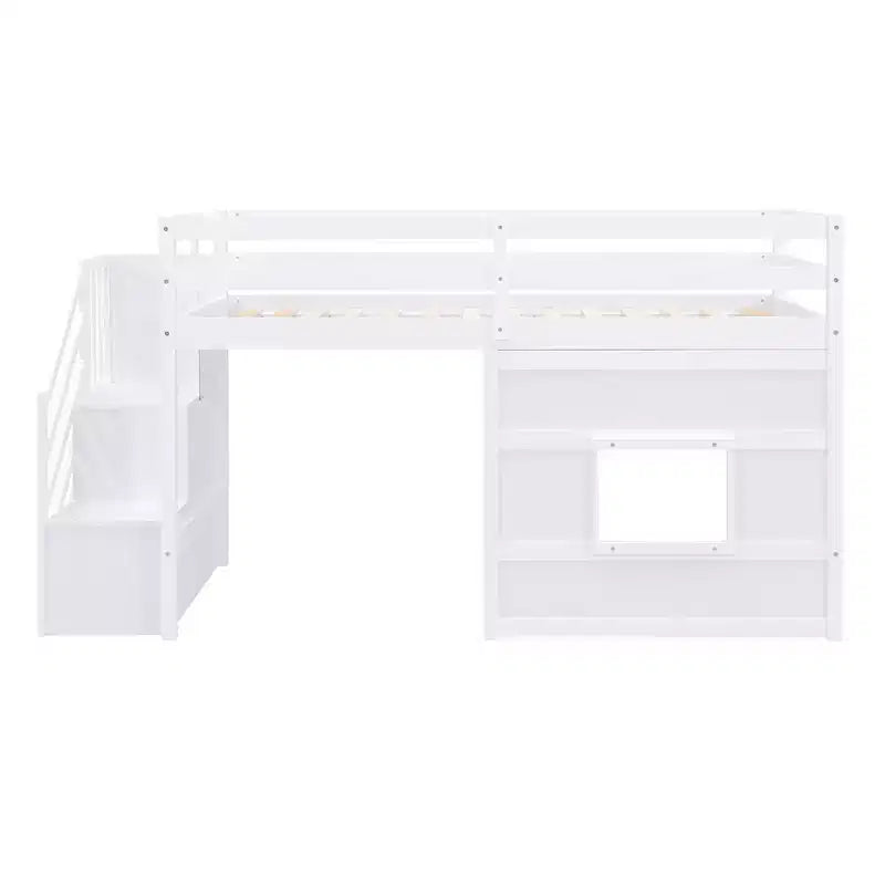 Lit mezzanine en bois format jumeau de 94.8''L x 41.8''W avec escalier de rangement et fenêtre