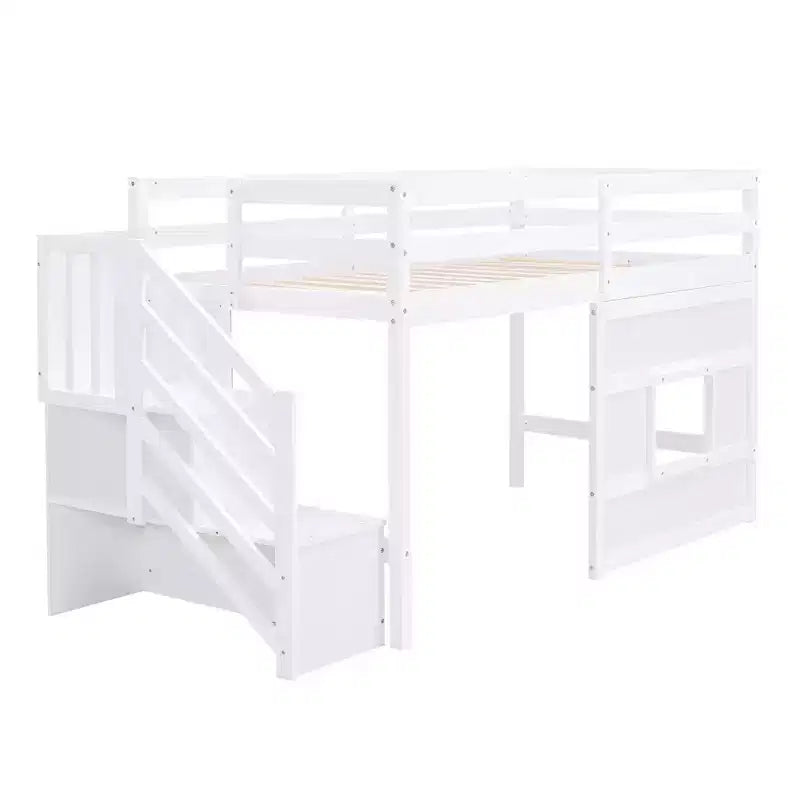 Lit mezzanine en bois format jumeau de 94.8''L x 41.8''W avec escalier de rangement et fenêtre