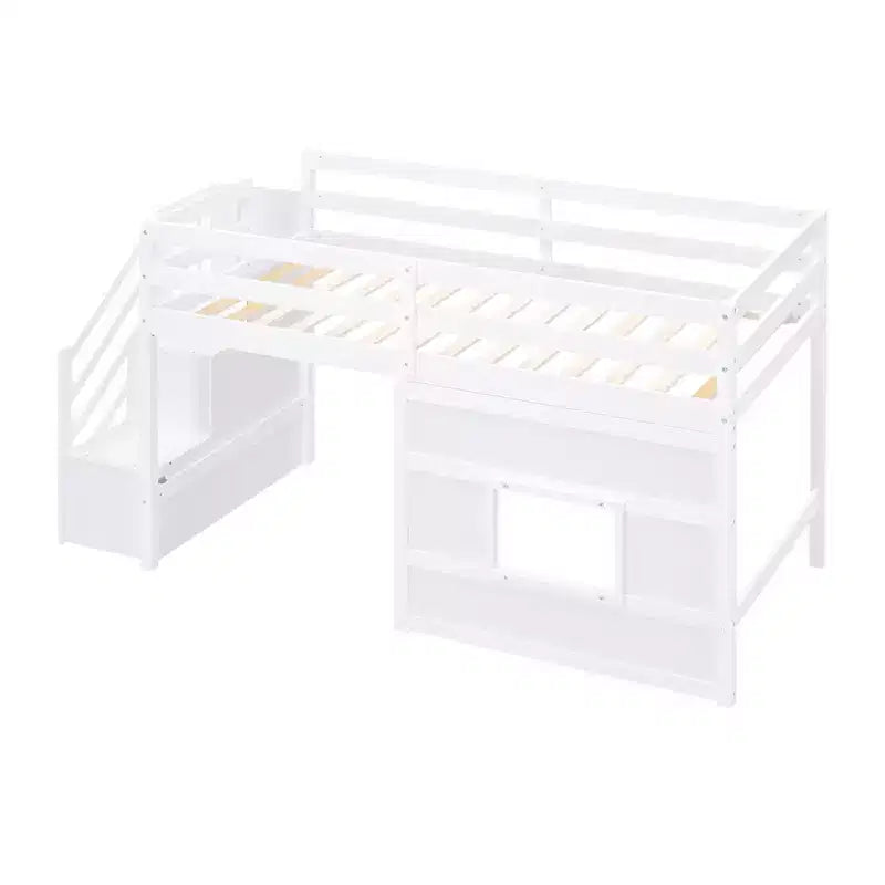 Lit mezzanine en bois format jumeau de 94.8''L x 41.8''W avec escalier de rangement et fenêtre