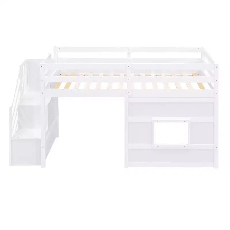 Lit mezzanine en bois format jumeau de 94.8''L x 41.8''W avec escalier de rangement et fenêtre