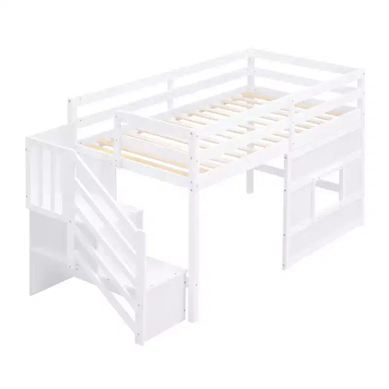 Lit mezzanine en bois format jumeau de 94.8''L x 41.8''W avec escalier de rangement et fenêtre