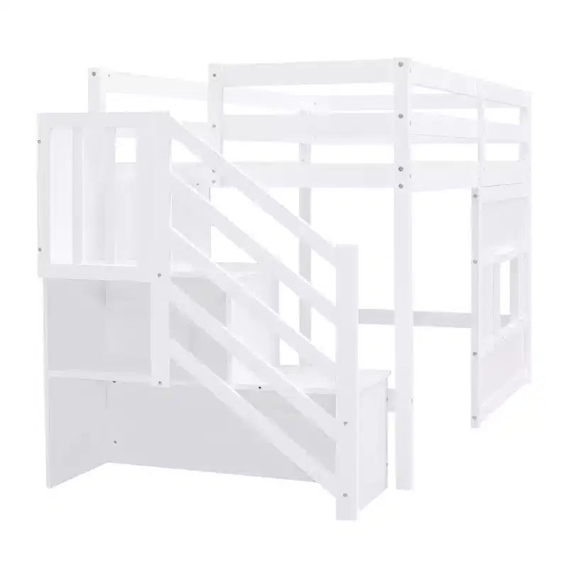 Lit mezzanine en bois format jumeau de 94.8''L x 41.8''W avec escalier de rangement et fenêtre