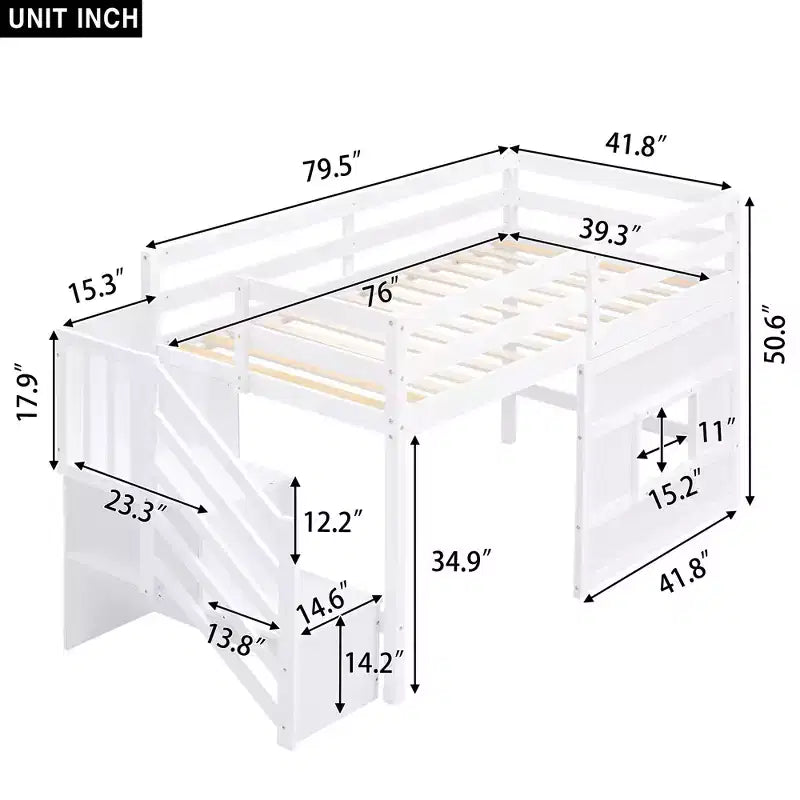 Lit mezzanine en bois format jumeau de 94.8''L x 41.8''W avec escalier de rangement et fenêtre