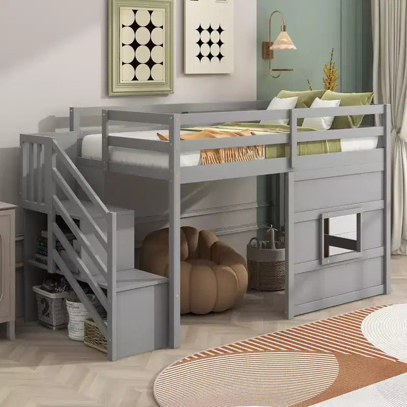 Lit mezzanine en bois format jumeau de 94.8''L x 41.8''W avec escalier de rangement et fenêtre