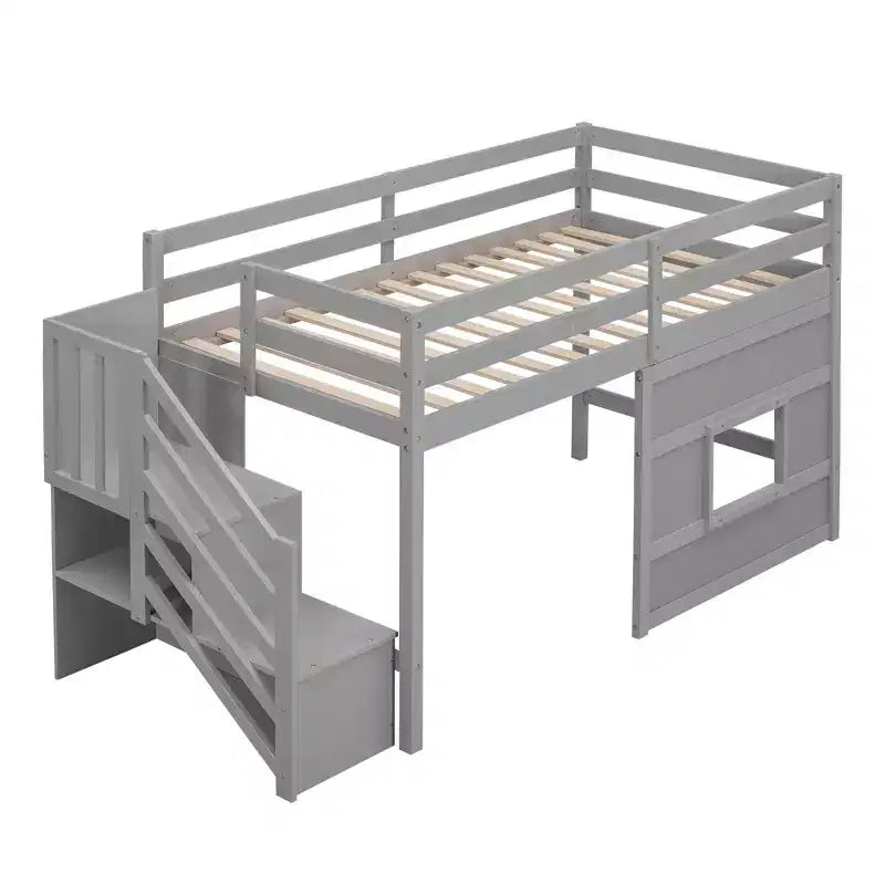 Lit mezzanine en bois format jumeau de 94.8''L x 41.8''W avec escalier de rangement et fenêtre