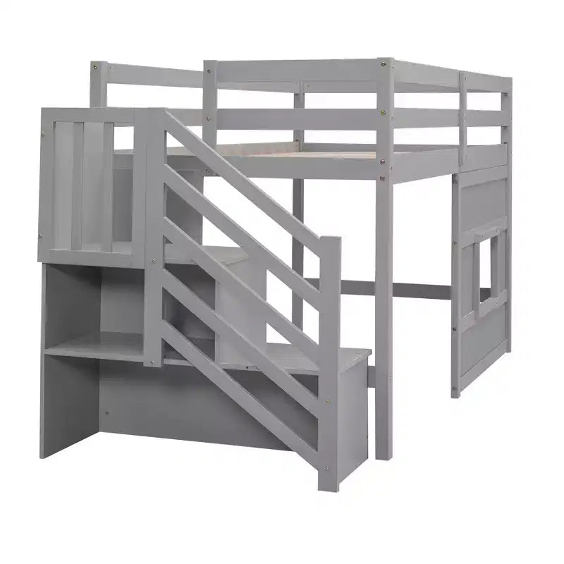 Lit mezzanine en bois format jumeau de 94.8''L x 41.8''W avec escalier de rangement et fenêtre
