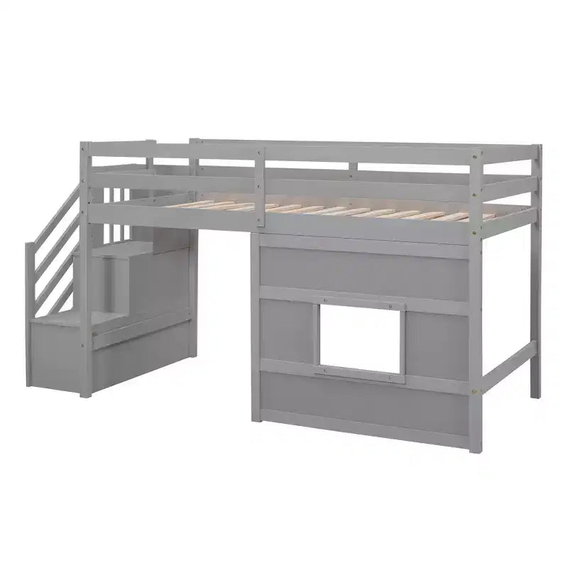 Lit mezzanine en bois format jumeau de 94.8''L x 41.8''W avec escalier de rangement et fenêtre