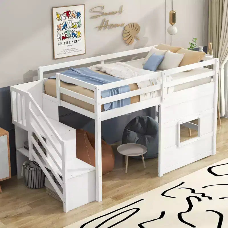 Lit mezzanine en bois format jumeau de 94.8''L x 41.8''W avec escalier de rangement et fenêtre