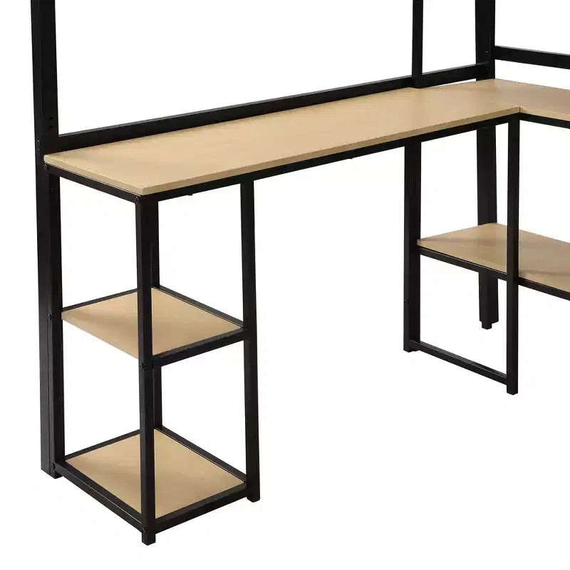 Lit mezzanine en métal format complet avec escalier de rangement, bureau et étagères intégrés, style moderne - noir