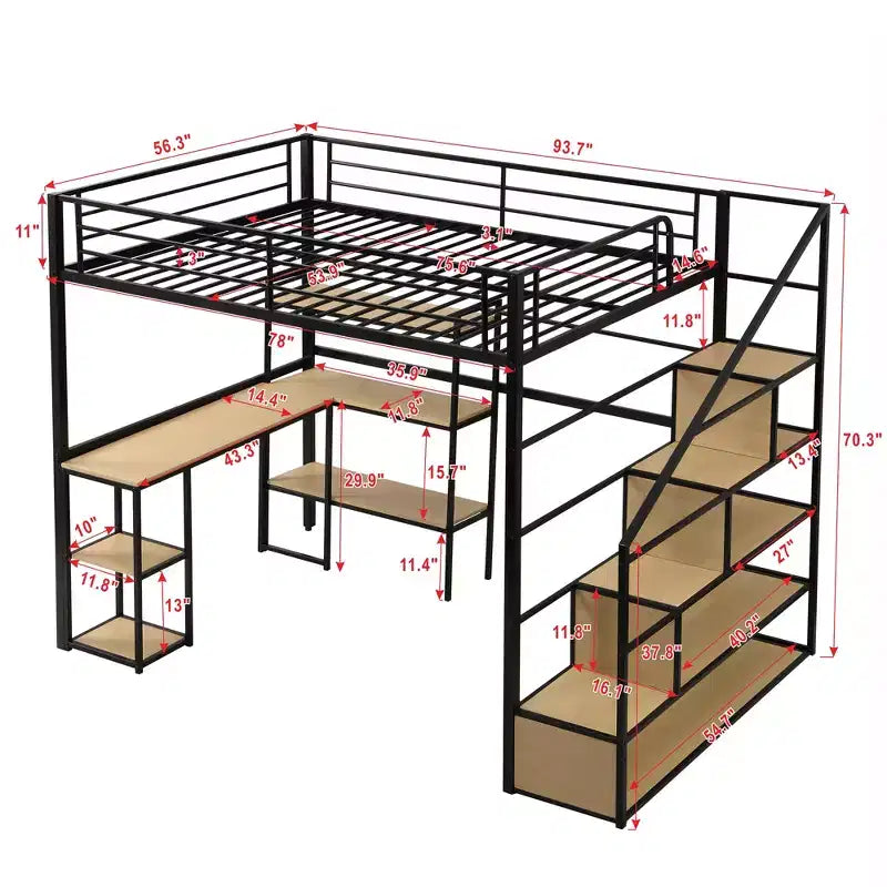 Lit mezzanine en métal format complet avec escalier de rangement, bureau et étagères intégrés, style moderne - noir