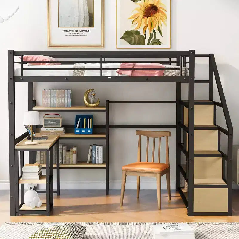 Lit mezzanine en métal format complet avec escalier de rangement, bureau et étagères intégrés, style moderne - noir