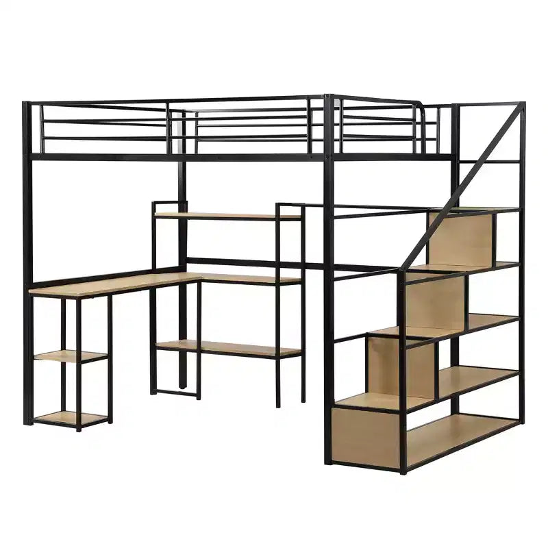 Lit mezzanine en métal format complet avec escalier de rangement, bureau et étagères intégrés, style moderne - noir