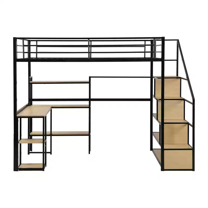 Lit mezzanine en métal format complet avec escalier de rangement, bureau et étagères intégrés, style moderne - noir