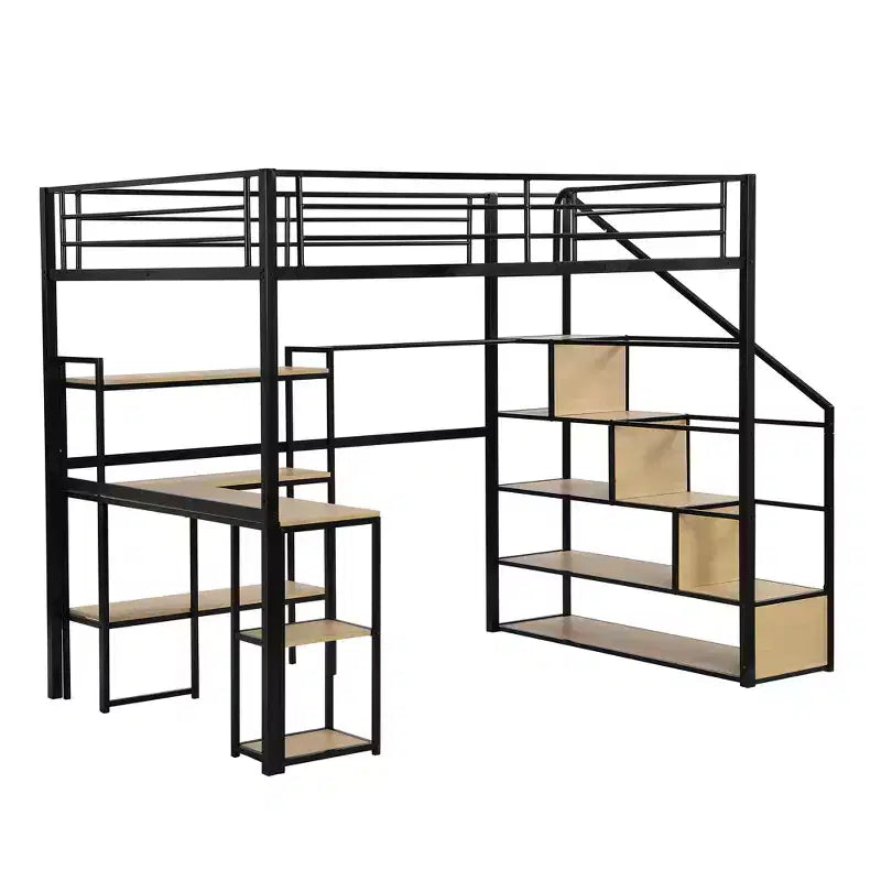 Lit mezzanine en métal format complet avec escalier de rangement, bureau et étagères intégrés, style moderne - noir