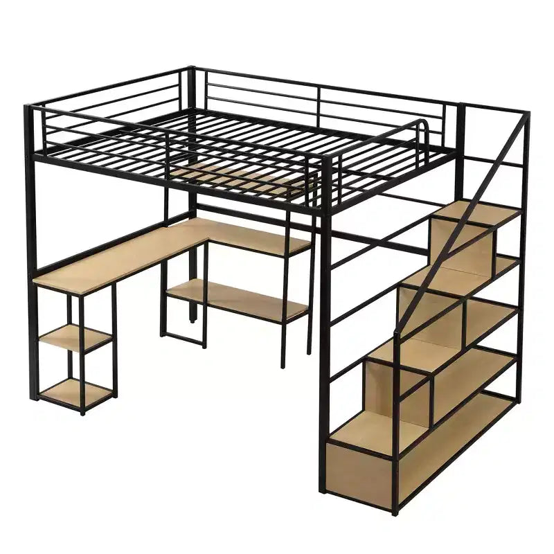 Lit mezzanine en métal format complet avec escalier de rangement, bureau et étagères intégrés, style moderne - noir
