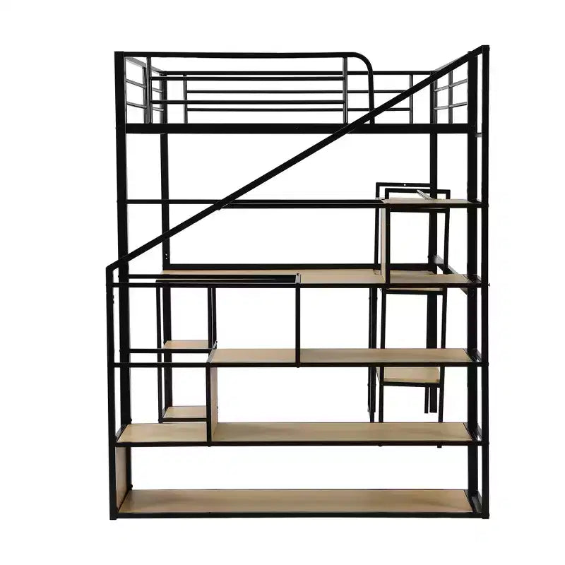 Lit mezzanine en métal format complet avec escalier de rangement, bureau et étagères intégrés, style moderne - noir