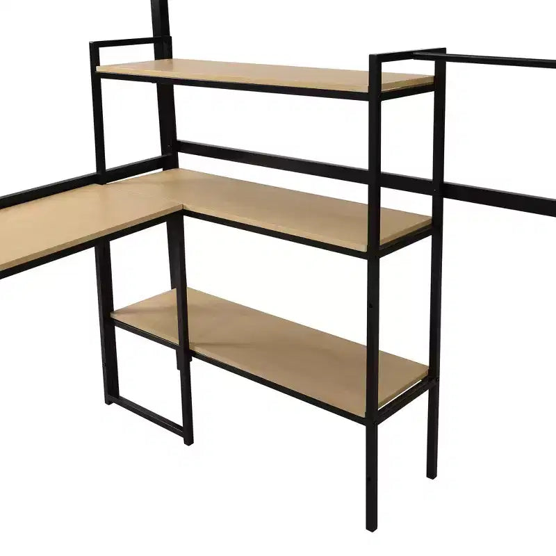 Lit mezzanine en métal format complet avec escalier de rangement, bureau et étagères intégrés, style moderne - noir